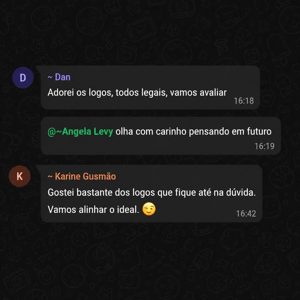 Mensagens de clientes aprovando uma proposta de identidade