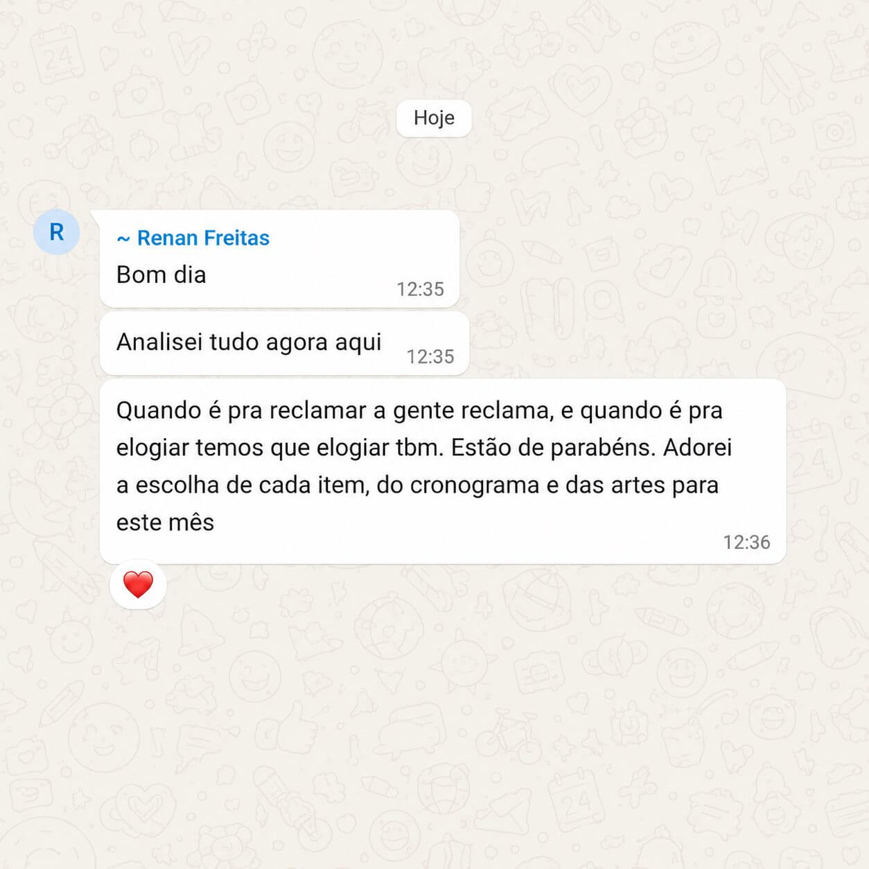 Mensagem de cliente elogiando cronograma e artes da MW7