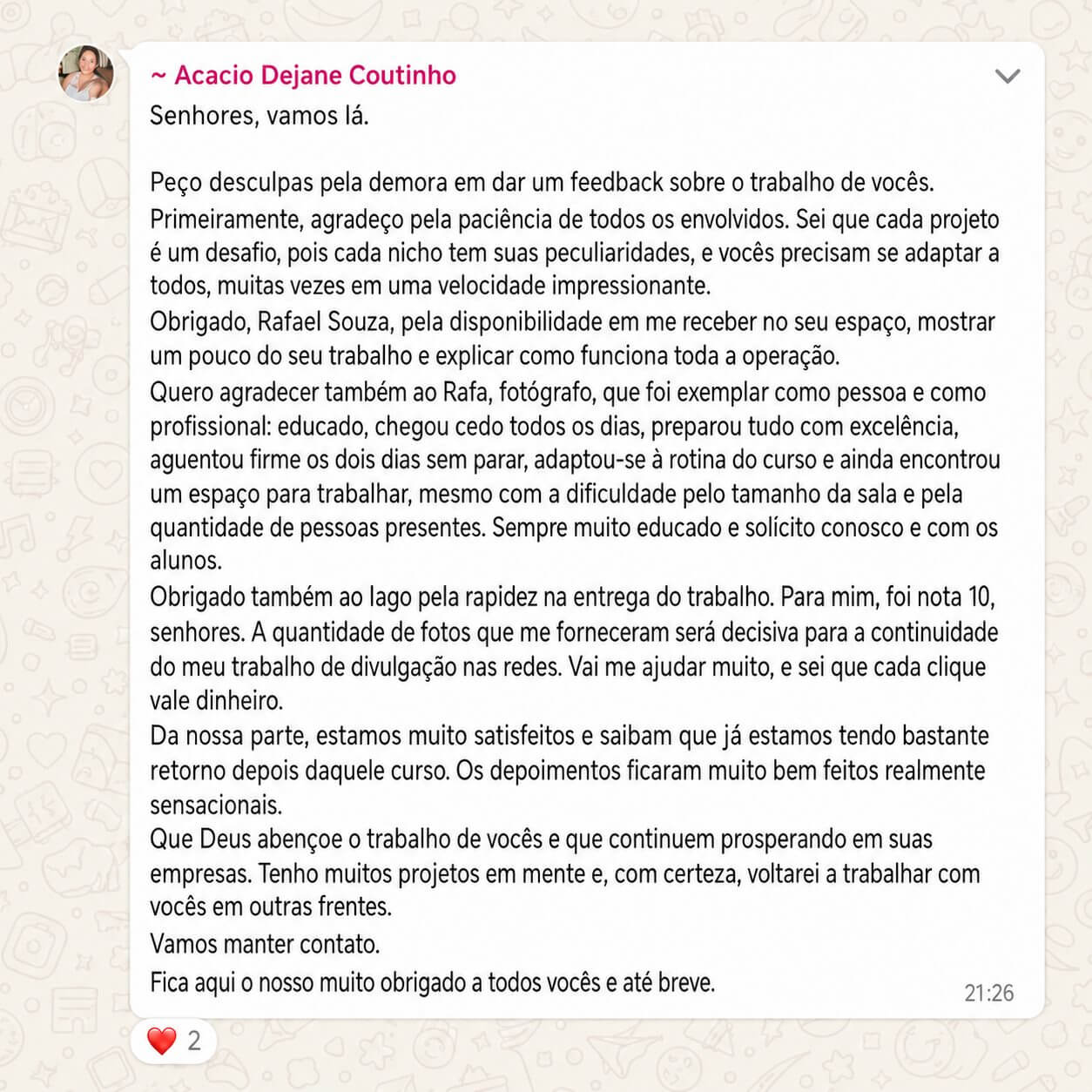 Depoimento detalhado de cliente sobre a operacao da MW7