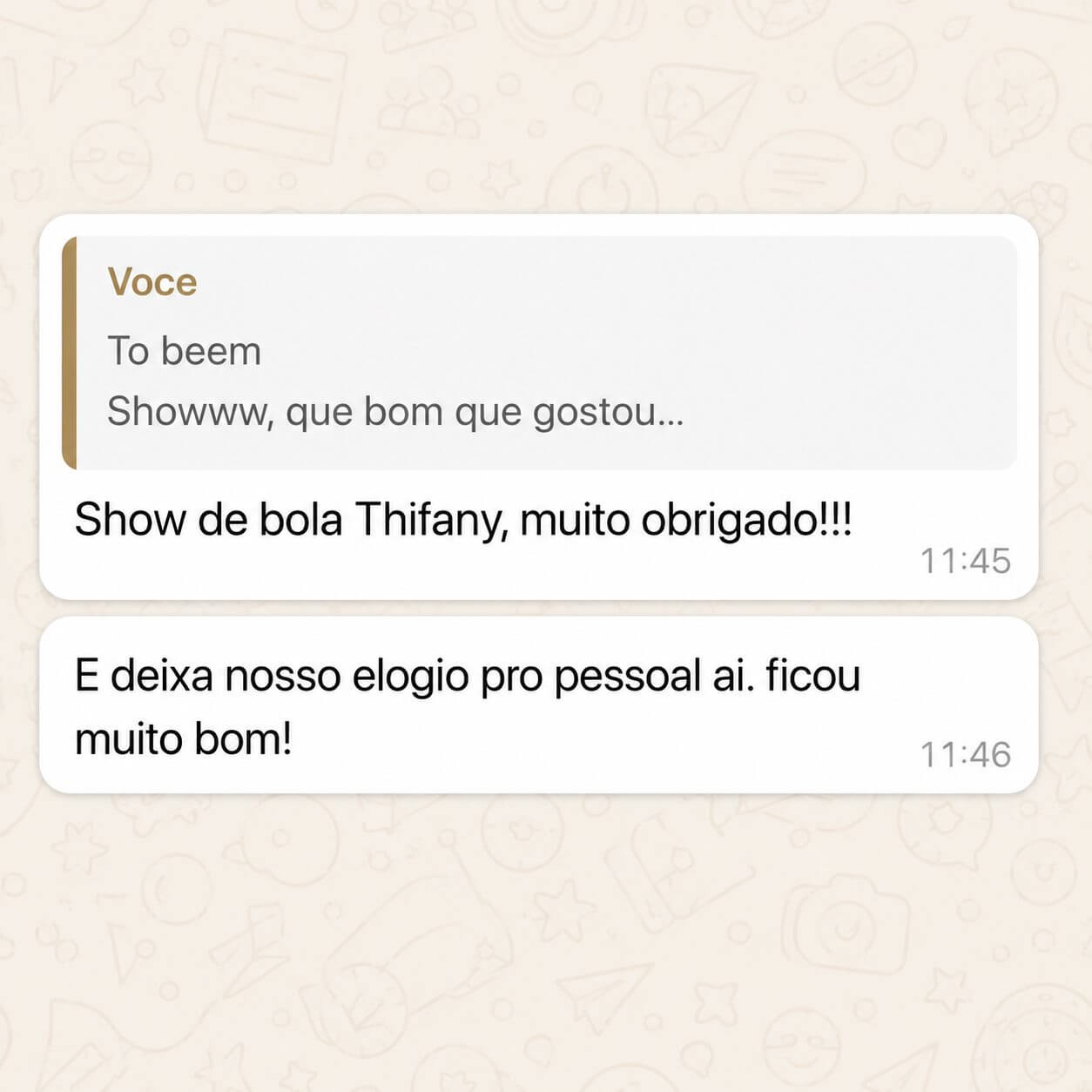 Mensagem de cliente elogiando o trabalho da equipe