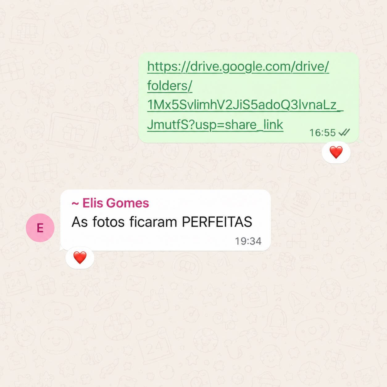 Mensagem de cliente elogiando a entrega de fotos